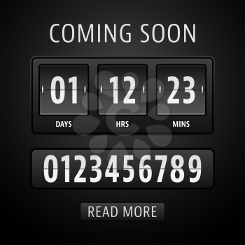 Coming soon countdown timer with days, hours and minutes. Vector illustration.