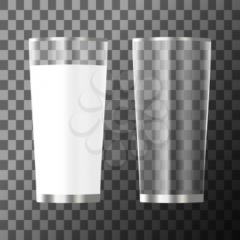 Glass of milk and empty glass on transparent background. Vector illustration.