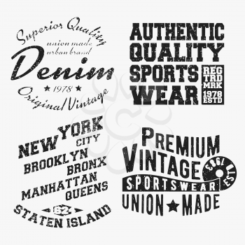 T-shirt print design. Set of various vintage stamp. Printing and badge applique label t-shirts, jeans, casual wear. Vector illustration.