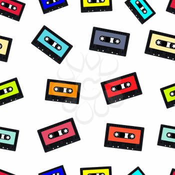 Seamless vintage background with compact audio cassette tape. Vector illustration.