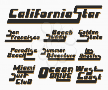 California, Los Angeles, San Francisco, Miami typography for t-shirt print. Set of vintage t shirt stamp. Printing and badge applique label t-shirts, jeans, casual wear. Vector illustration.