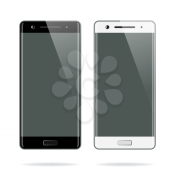 Smartphone isolated on white background. Black and white smartphones with blank screen. Cell mobile phone mockup design. Vector illustration.