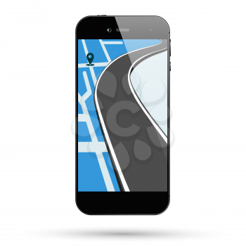 Smartphone map location. Smart phone screen with gps navigation, pin pointer and way road. Vector illustration.