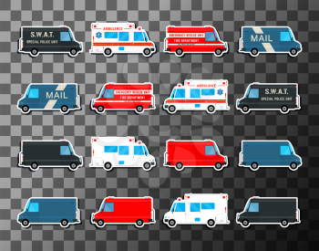 Various city urban traffic vehicles - mail delivery, fire department, police swat bus and ambulance truck. Set of service vans. Vector illustration.