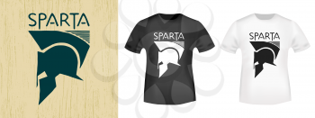 T-shirt print design. Spartan helmet vintage stamp and t shirt mockup. Printing and badge applique label t-shirts, jeans, casual wear. Vector illustration.