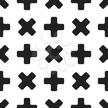 Seamless geometric patter with black crosses on white background. 80s-90s retro design. Vector illustration.