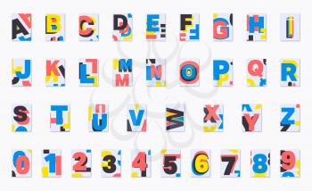 Alphabet poster font design. Set of numbers and letters. Cover for magazine, printing products, flyer, presentation, playing cards, brochure or booklet. Vector illustration.