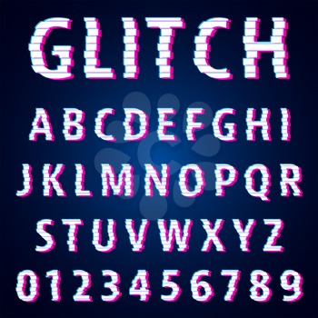 Alphabet font template. Set of letters and numbers glitch effect design. Vector illustration.