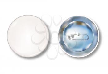 White pin button front and back side. Blank badge brooch mockup design. Vector illustration.