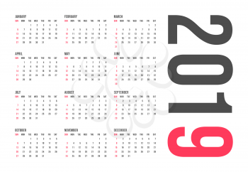 2019 year calendar template, minimal pocket design. Week start sunday. Vector illustration