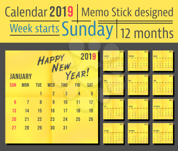 2019 year calendar template, yellow memo stick design. Week start sunday. Vector illustration.