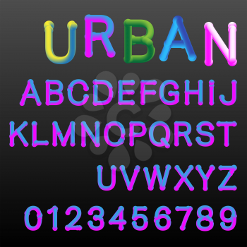Urban alphabet font template. 3d letters and numbers two gradients colors easy recoloring. Vector illustration.