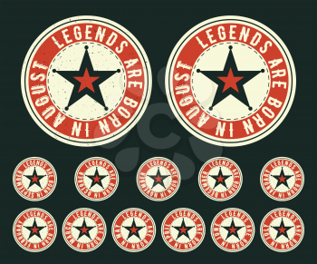Legends are born in various months - vintage t-shirt round stamp set. Design for badge, applique, label, t-shirts print, jeans and casual wear. Vector illustration.