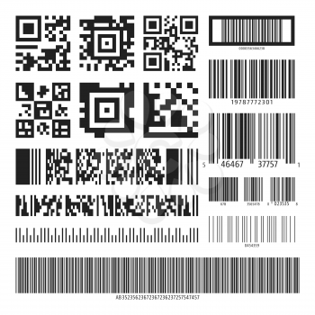 Barcode and QR code set. Collection various black bar codes, qr codes isolated on white background. Vector illustration.