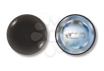 Black pin button front and back side. Blank badge brooch mockup design. Vector illustration.