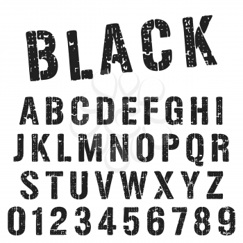 Black stencil alphabet font template. Vintage letters and numbers stamp design. Vector illustration.