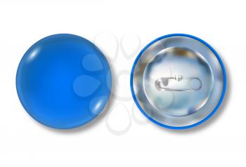 Blue pin button front and back side. Blank badge brooch mockup design. Vector illustration.