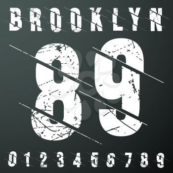 Brooklyn numbers vintage t-shirt stamp. Grunge textured number 0 1 2 3 4 5 6 7 8 9 designed for printing products, badge, applique, label, t shirt, jeans and casual wear print. Vector illustration.