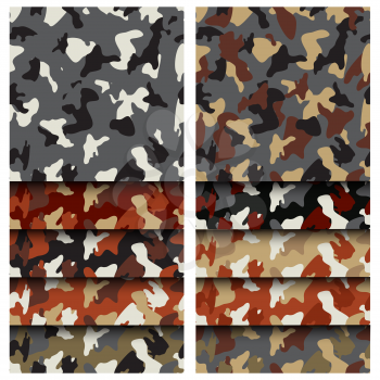 Camouflage clothing seamless patterns set. Collection military camo various color combination. Vector illustration.