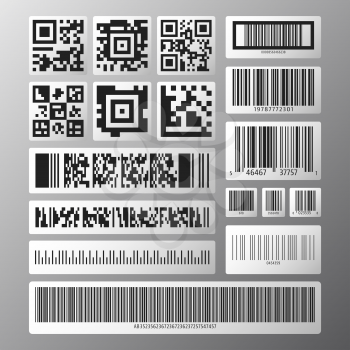 Barcode and QR code set. Collection various barcodes and qr codes on white stickers. Vector illustration.