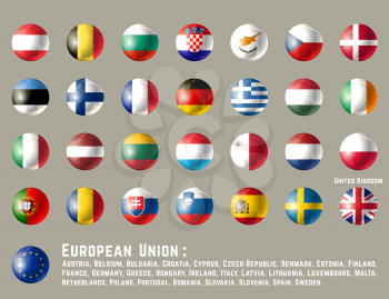 European Union flags. Glossy round button flag set. Vector illustration.