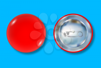 Red pin button front and back side. Blank badge brooch mockup design. Vector illustration.