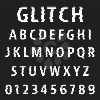 Alphabet font template. Set of letters and numbers glitch effect design. Vector illustration.