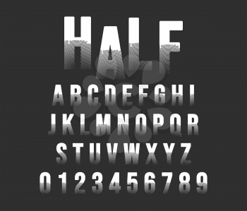Halftone alphabet font template. Letters and numbers half tone stamp design. Vector illustration.