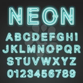 Alphabet font template. Letters and numbers neon design. Vector illustration.