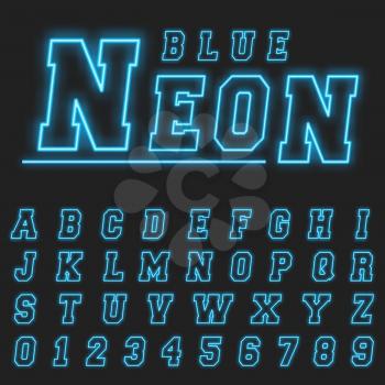 Alphabet font template. Set of letters and numbers neon lignt design. Vector illustration.