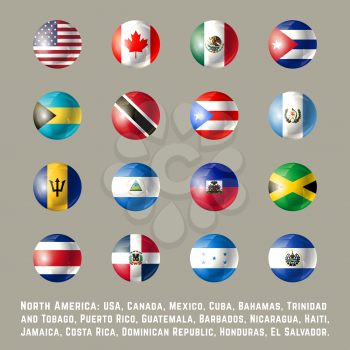 North America flags. Glossy round button flag set. Vector illustration.