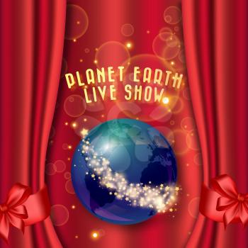 Red curtain and planet Earth with stars. Theater, circus or cinema poster background. Vector illustration.