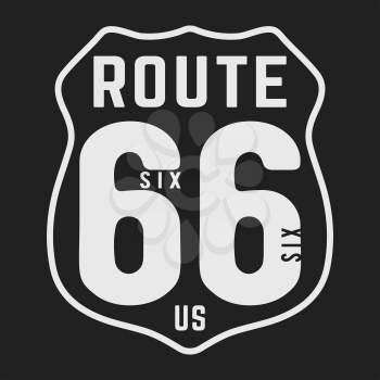 T-shirt print design. Route 66 vintage stamp. Printing and badge, applique, label, t shirts, jeans, casual and urban wear. Vector illustration.