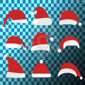 Christmas hat set. Santa Claus hats isolated on transparent background. Vector illustration.