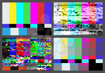 No signal TV test pattern background set. SMPTE color bars glitch design. Vector illustration.