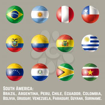 South America flags. Glossy round button flag set. Vector illustration.