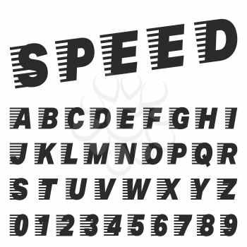 Speed alphabet font template. Set of letters and numbers. Vector illustration.