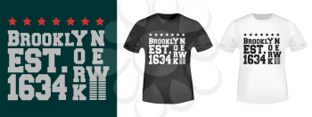 T-shirt print design. Brooklyn New York 1634 vintage stamp and t shirt mockup. Badge applique, label t-shirts, jeans, casual wear. Vector illustration.