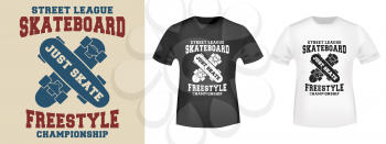 T-shirt print design. Skateboard freestyle stamp and t shirt mockup. Printing and badge, applique, label, t-shirts, jeans, casual and urban wear. Vector illustration.
