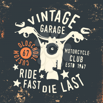 Motorcycle club - vintage garage t shirt print stamp. Textured design for printing products, badge, applique, t-shirt stamp, clothing label, jeans and casual wear. Vector illustration.