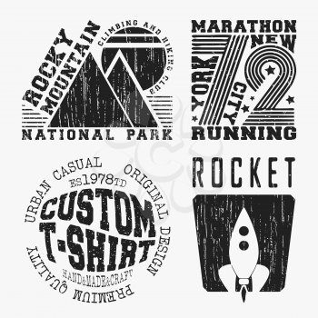 T-shirt print design. Set of various vintage t shirt stamp. Printing and badge applique label t-shirts, jeans, casual wear. Vector illustration.