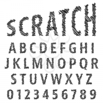 Sketch alphabet font template. Set of letters and numbers scratch design. Vector illustration.