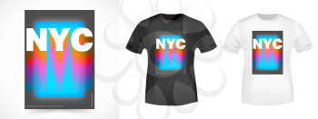 T-shirt print design. New York city vintage stamp and t shirt mockup. Printing and badge applique label t-shirts, jeans, casual wear. Vector illustration.