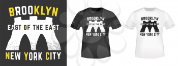 T-shirt print design. Brooklyn bridge - New York city vintage stamp and t shirt mockup. Printing and badge applique label t-shirts, jeans, casual wear. Vector illustration.