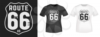 T-shirt print design. Route 66 vintage stamp and t shirt mockup. Printing and badge applique label t-shirts, jeans, casual wear. Vector illustration.