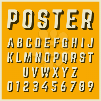 Alphabet font template. Letters and numbers vintage poster design. Vector illustration.