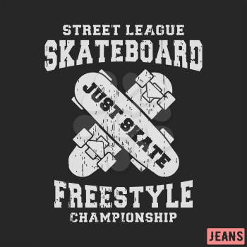 T-shirt print design. Skateboard freestyle stamp for denim, t shirt. Printing and badge, applique, label, t-shirts, jeans, casual and urban wear. Vector illustration.
