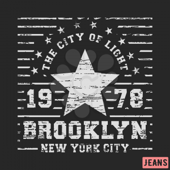 T-shirt print design. Brooklyn star vintage stamp. Printing and badge, applique, label, t shirts, jeans, casual and urban wear. Vector illustration.
