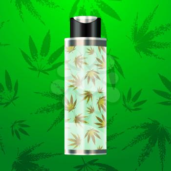 CBD oil bottle with cannabis pattern background. Vector illustration.