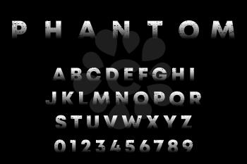 Phantom alphabet template. Letters and numbers with grunge texture. Vector illustration.